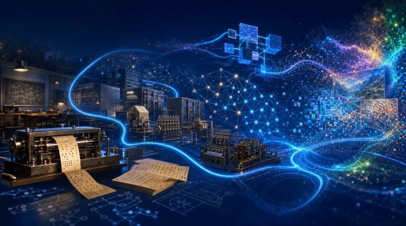 Historia de la inteligencia artificial: del nacimiento de una idea a la IA generativa Portada futurista de la historia de la inteligencia artificial, con una línea temporal no lineal que conecta una máquina de Turing, primeras máquinas, redes neuronales profundas, Transformer y generación de texto e imágenes.