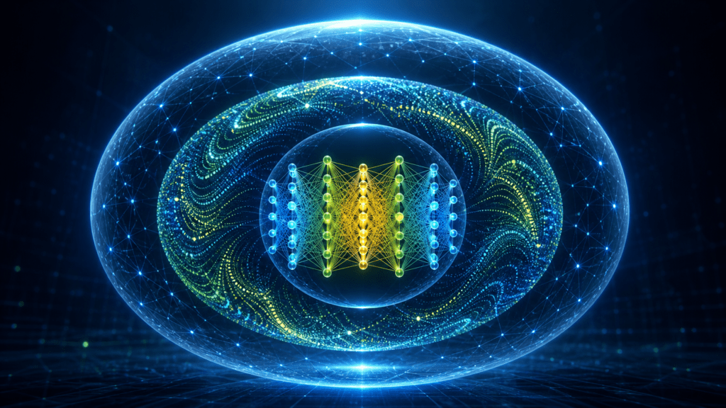 Visualización futurista de tres niveles anidados: inteligencia artificial, machine learning y deep learning
