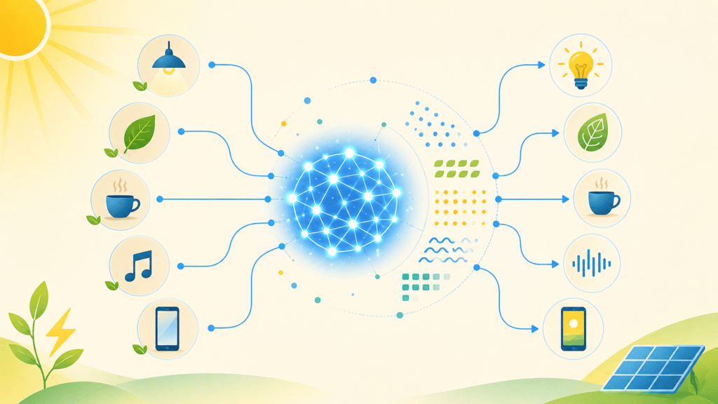 Ilustración horizontal de una red de inteligencia artificial que relaciona objetos cotidianos con patrones y energía