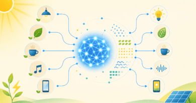 Ilustración horizontal de una red de inteligencia artificial que relaciona objetos cotidianos con patrones y energía