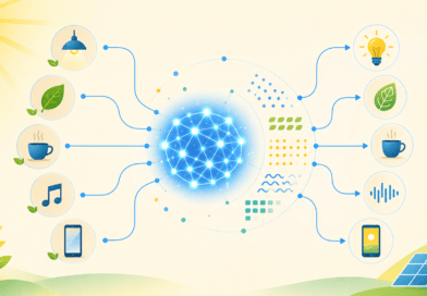 Ilustración horizontal de una red de inteligencia artificial que relaciona objetos cotidianos con patrones y energía