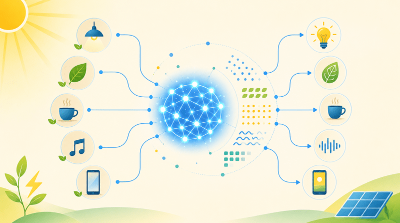 Ilustración horizontal de una red de inteligencia artificial que relaciona objetos cotidianos con patrones y energía