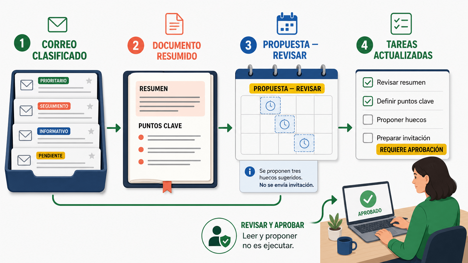 Ejemplos de tareas de un agente de IA en correo, documentos, agenda y seguimiento, con acciones propuestas y acciones que requieren aprobación.