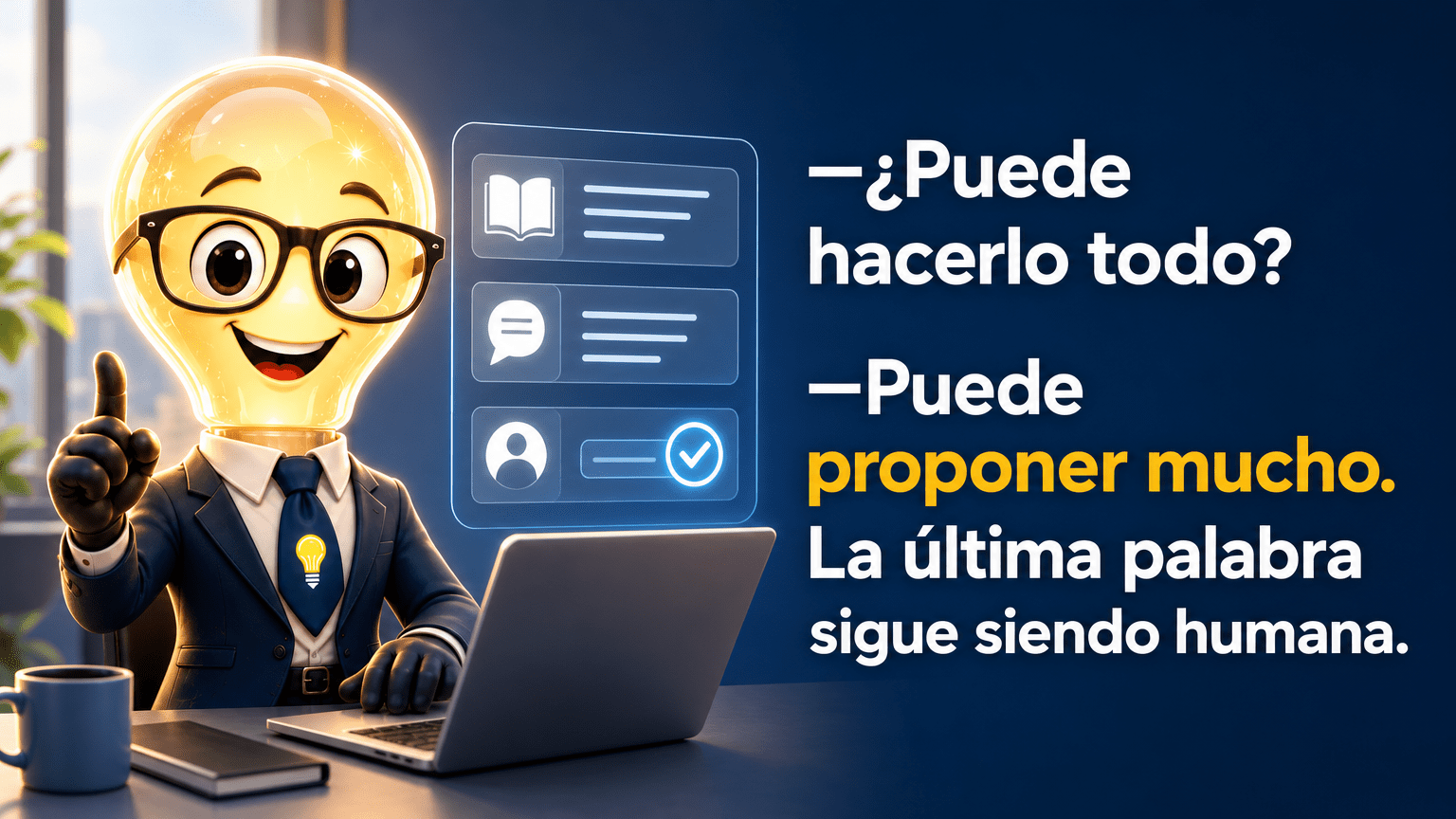 Tarjeta horizontal 16:9 con el Señor Idea supervisando una representación conceptual de un agente de IA. La imagen muestra exactamente la intervención: «—¿Puede hacerlo todo? —Puede proponer mucho. La última palabra sigue siendo humana.»