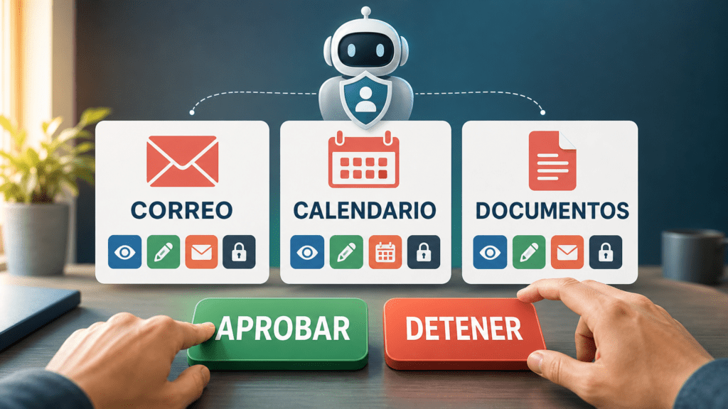 Panel de control de permisos de un agente de IA con opciones para leer, aprobar y detener acciones sobre correo, calendario y documentos.