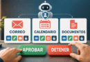 Panel de control de permisos de un agente de IA con opciones para leer, aprobar y detener acciones sobre correo, calendario y documentos.