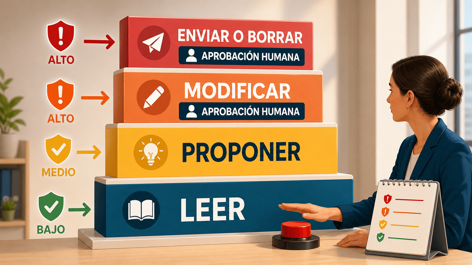 Escala de permisos de un agente de IA: leer, proponer, modificar y ejecutar acciones importantes con distintos niveles de aprobación.