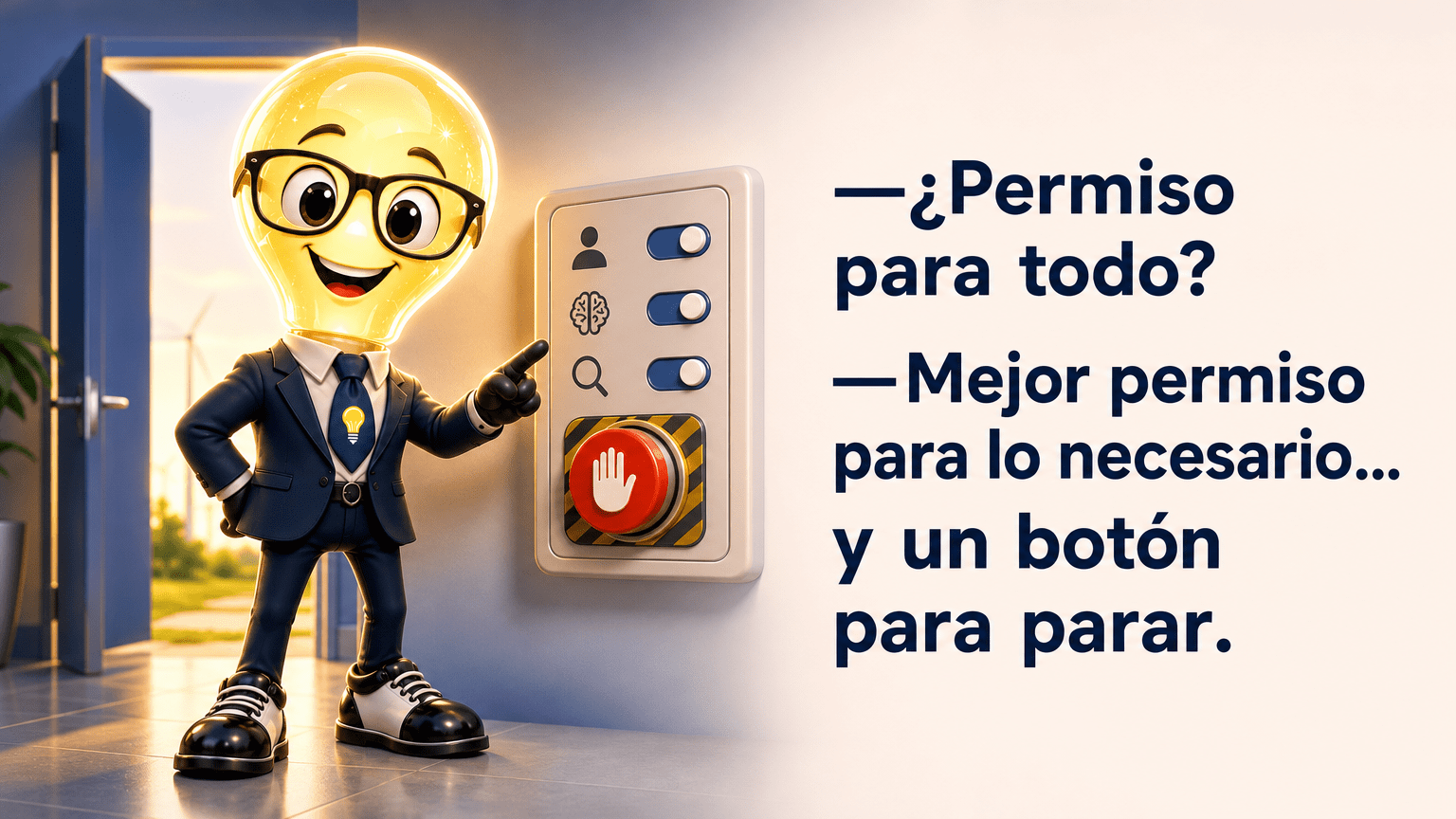 Tarjeta horizontal 16:9 del Señor Idea, junto a un panel de control de permisos de un agente de IA, una puerta entreabierta y un botón de parada. Incluye exactamente el texto: «—¿Permiso para todo? —Mejor permiso para lo necesario… y un botón para parar.»