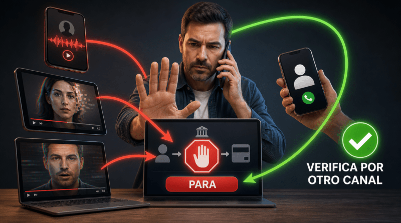 Una persona comprueba por un canal independiente un mensaje de voz, una imagen y un vídeo sospechosos de haber sido manipulados con IA.