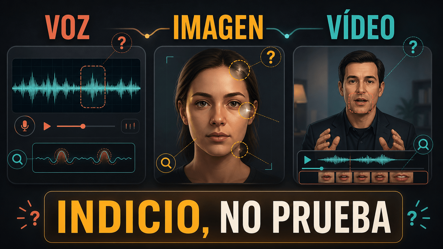 Tres ejemplos de posible suplantación con IA: una voz clonada, una imagen manipulada y un vídeo alterado, presentados como indicios que requieren comprobación.