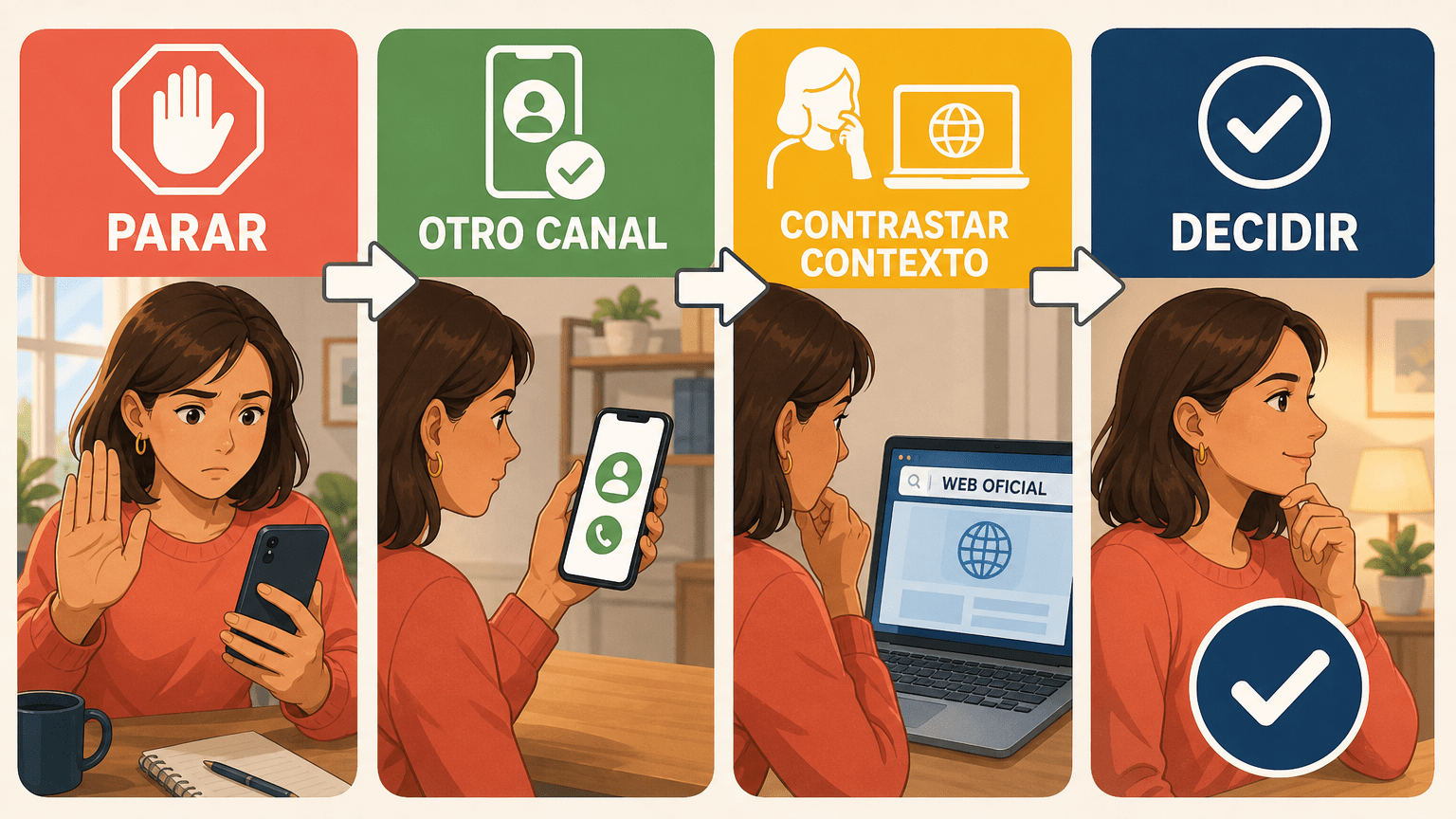 Protocolo para comprobar un mensaje sospechoso: parar, contactar por un canal independiente, contrastar el contexto y decidir sin actuar por presión.