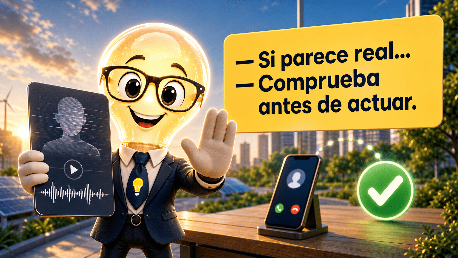Tarjeta horizontal del Señor Idea con la intervención exacta: «—Si parece real… —Comprueba antes de actuar.»