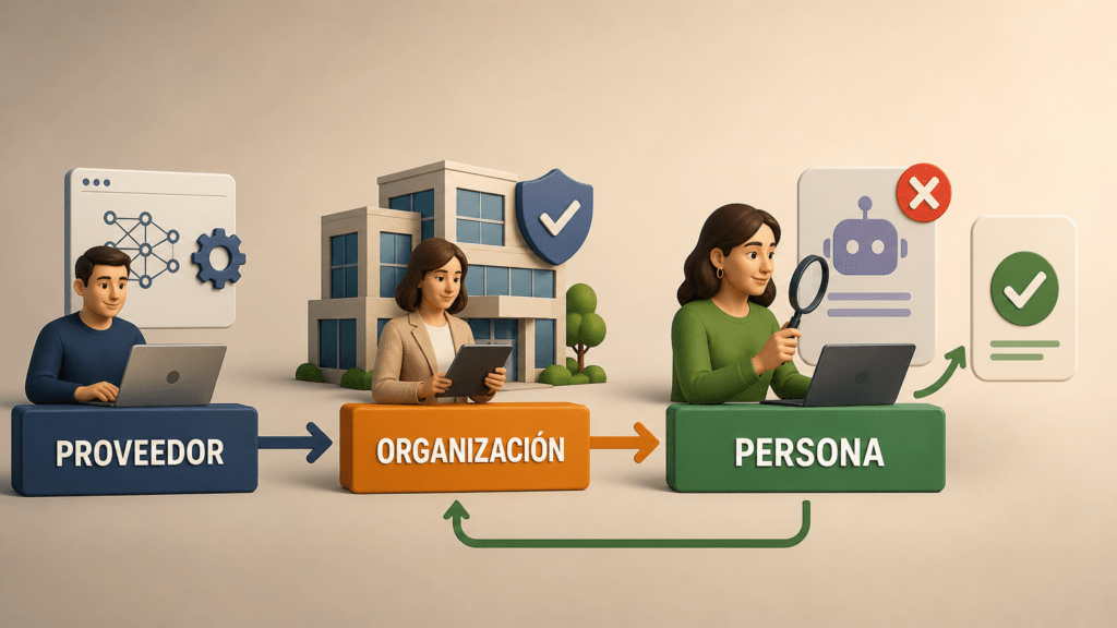 Proveedor, organización y persona supervisora revisan juntos una decisión equivocada de una herramienta de inteligencia artificial.
