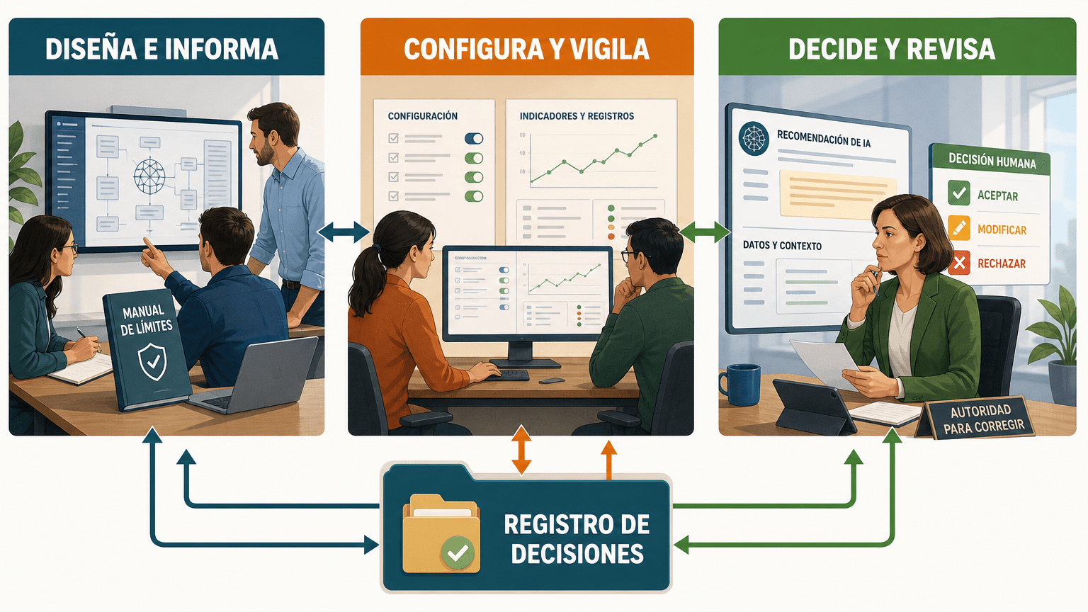 Diagrama de responsabilidades ante un error de IA: el proveedor diseña e informa, la organización configura y vigila, y la persona decide y revisa.