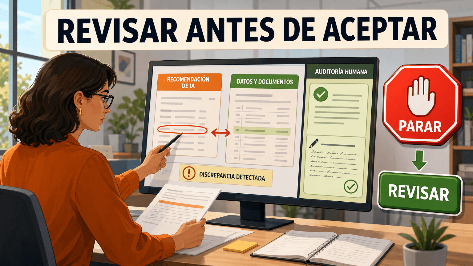 Persona responsable revisando una recomendación de IA, contrastando los datos, registrando la decisión y corrigiendo el resultado cuando es necesario.