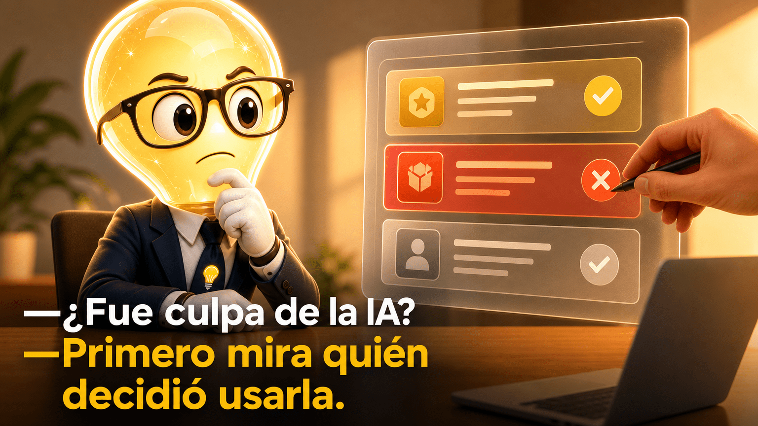 Tarjeta horizontal del Señor Idea con la intervención exacta: «—¿Fue culpa de la IA? —Primero mira quién decidió usarla.»
