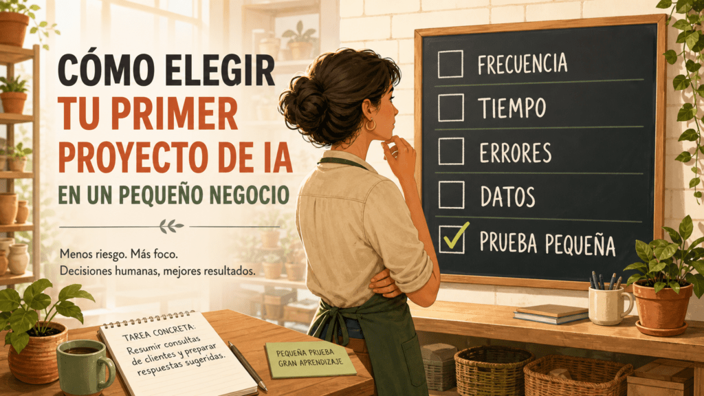 Persona propietaria de un pequeño negocio frente a una pizarra con las casillas «FRECUENCIA», «TIEMPO», «ERRORES», «DATOS» y «PRUEBA PEQUEÑA», marcada esta última para representar la elección de un primer proyecto de IA acotado y medible.