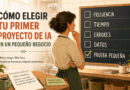 Persona propietaria de un pequeño negocio frente a una pizarra con las casillas «FRECUENCIA», «TIEMPO», «ERRORES», «DATOS» y «PRUEBA PEQUEÑA», marcada esta última para representar la elección de un primer proyecto de IA acotado y medible.