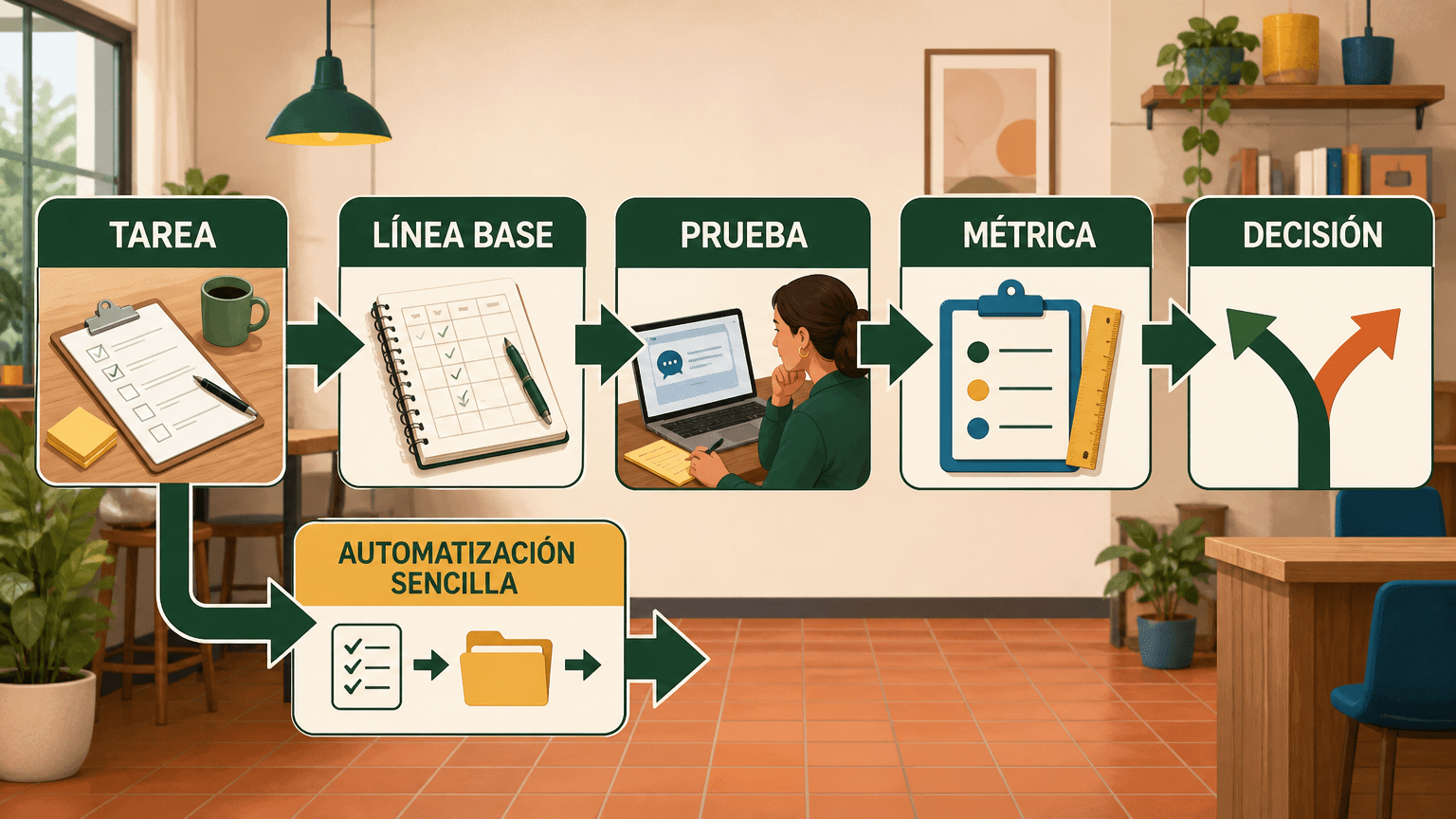 Proceso para elegir un proyecto de IA: definir una tarea, medir la línea base, probar a pequeña escala, evaluar una métrica y decidir si continuar o usar una automatización sencilla.