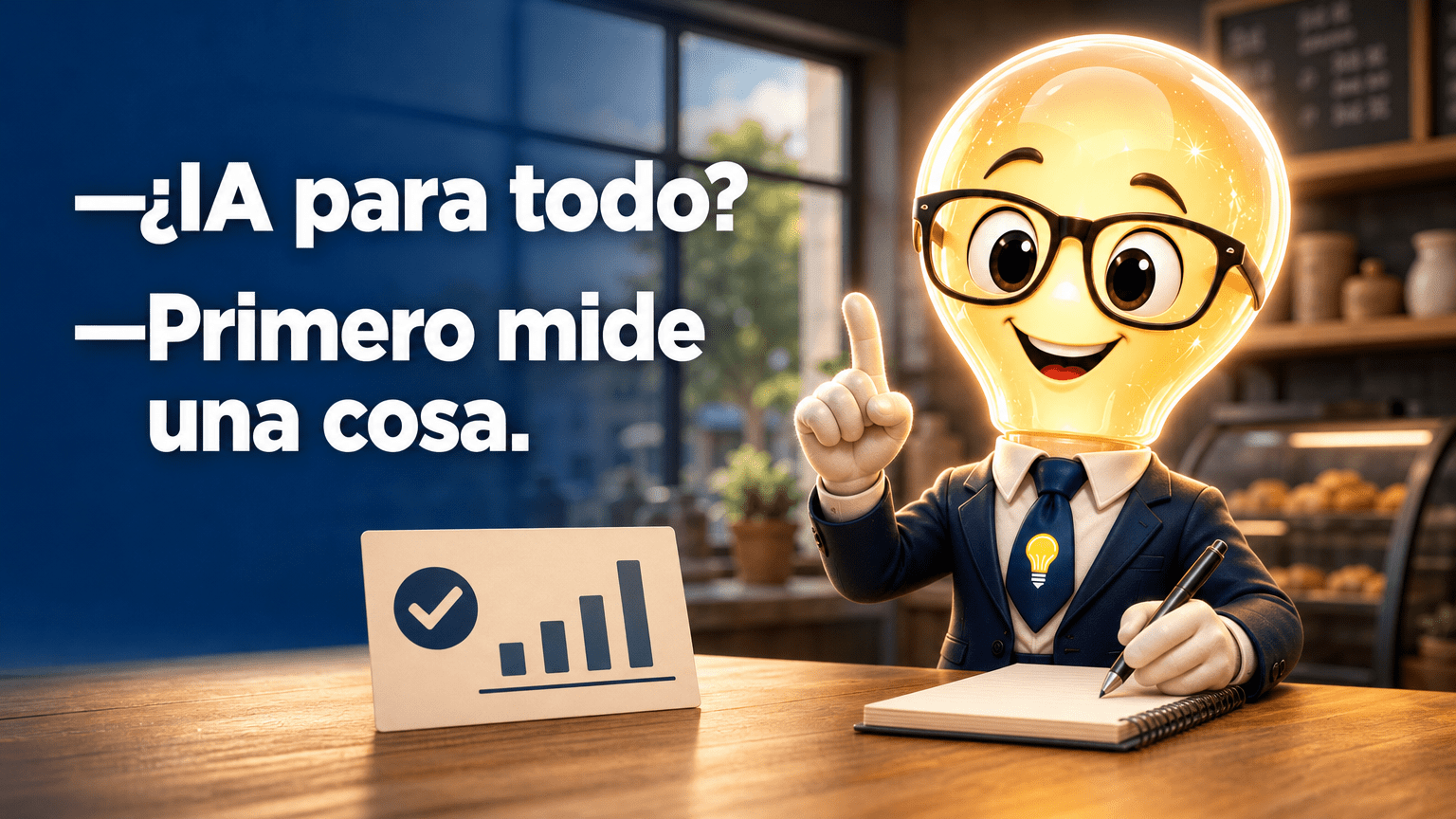 Tarjeta horizontal del Señor Idea con la intervención exacta: «—¿IA para todo? —Primero mide una cosa.»