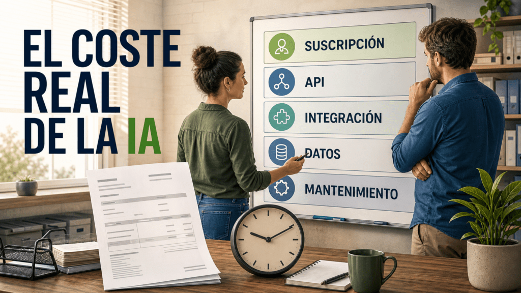Dos personas de un pequeño negocio revisan una pizarra con las capas de coste de la IA —suscripción, API, integración, datos y mantenimiento— junto a una factura sin importes y un reloj que representa el tiempo interno.