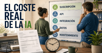 Dos personas de un pequeño negocio revisan una pizarra con las capas de coste de la IA —suscripción, API, integración, datos y mantenimiento— junto a una factura sin importes y un reloj que representa el tiempo interno.