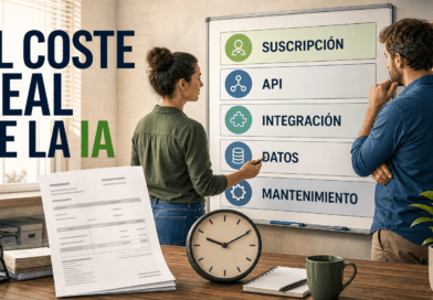 Dos personas de un pequeño negocio revisan una pizarra con las capas de coste de la IA —suscripción, API, integración, datos y mantenimiento— junto a una factura sin importes y un reloj que representa el tiempo interno.