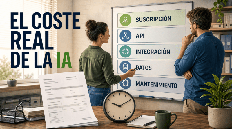Dos personas de un pequeño negocio revisan una pizarra con las capas de coste de la IA —suscripción, API, integración, datos y mantenimiento— junto a una factura sin importes y un reloj que representa el tiempo interno.
