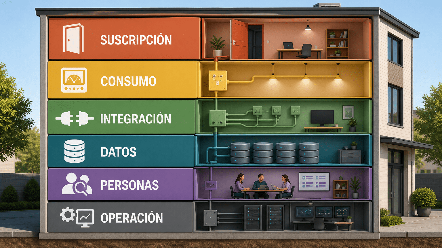 Ilustración en capas de los seis tipos de coste de incorporar inteligencia artificial a un negocio: suscripción, consumo, integración, datos, personas y operación, cada uno con un icono sencillo.