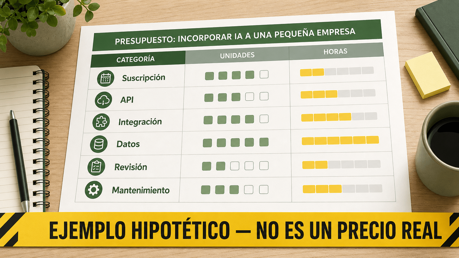 Ilustración horizontal de una tabla de presupuesto hipotético para incorporar inteligencia artificial a un negocio. La tabla incluye las categorías suscripción, API, integración, datos, revisión y mantenimiento, además de unidades y horas. Una advertencia destaca que no es un precio real.