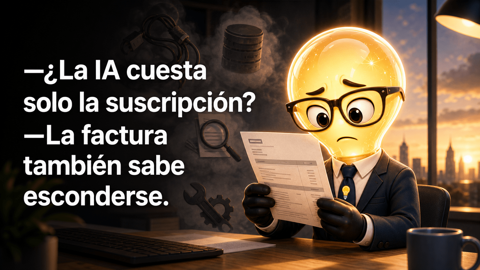 Tarjeta horizontal del Señor Idea con la intervención exacta: «—¿La IA cuesta solo la suscripción? —La factura también sabe esconderse.»