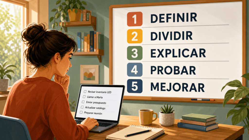 Ilustración editorial horizontal de una persona principiante frente a un portátil con una lista de tareas ficticias. Al fondo, una pizarra muestra cinco pasos para aprender a programar con IA: DEFINIR, DIVIDIR, EXPLICAR, PROBAR y MEJORAR.