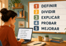 Ilustración editorial horizontal de una persona principiante frente a un portátil con una lista de tareas ficticias. Al fondo, una pizarra muestra cinco pasos para aprender a programar con IA: DEFINIR, DIVIDIR, EXPLICAR, PROBAR y MEJORAR.