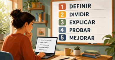 Ilustración editorial horizontal de una persona principiante frente a un portátil con una lista de tareas ficticias. Al fondo, una pizarra muestra cinco pasos para aprender a programar con IA: DEFINIR, DIVIDIR, EXPLICAR, PROBAR y MEJORAR.