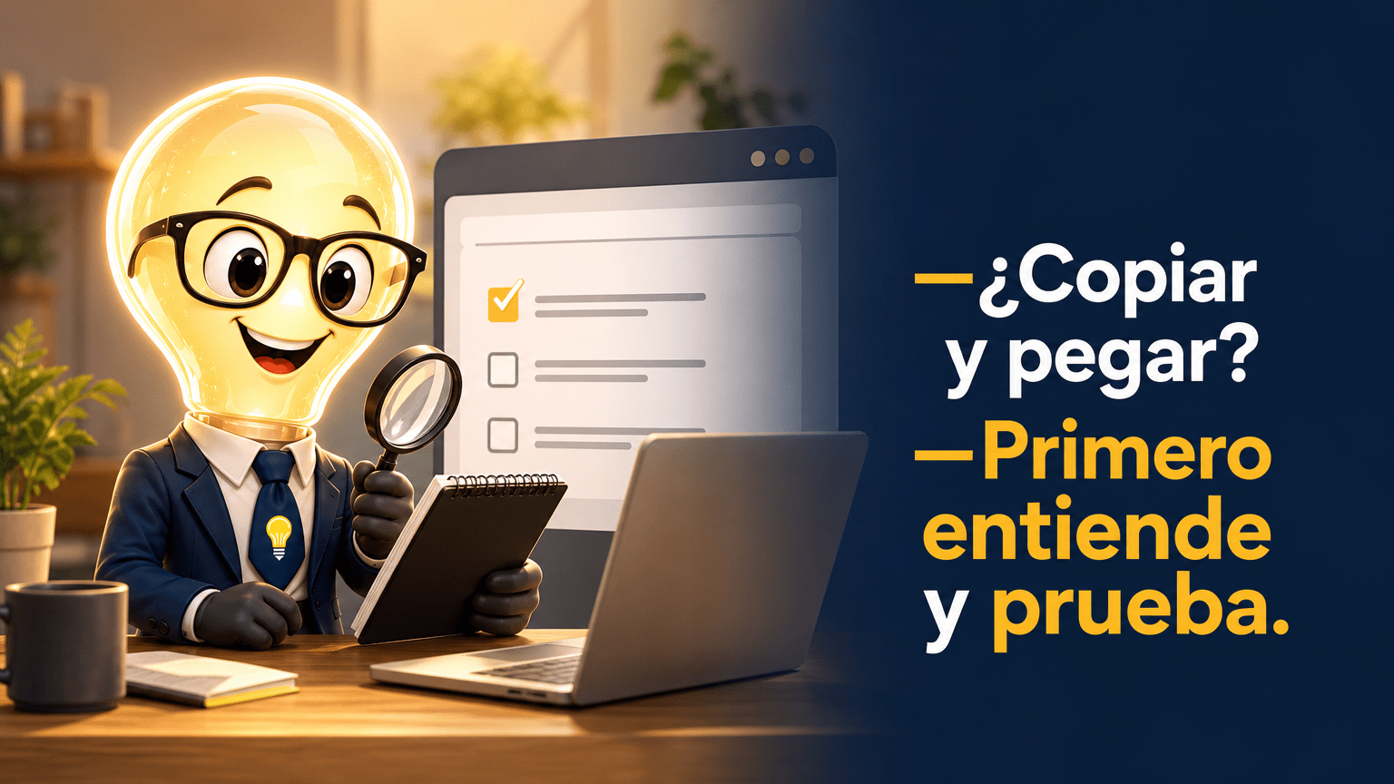 Tarjeta horizontal del Señor Idea, conservando su identidad visual aprobada, junto a una lista de tareas local, una libreta y una lupa. Incluye la intervención completa: «—¿Copiar y pegar? —Primero entiende y prueba.»