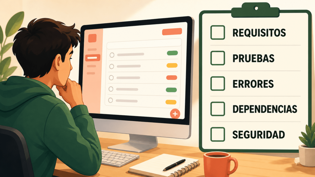 Ilustración editorial horizontal de una persona principiante revisando una aplicación de lista de tareas que arranca correctamente. Junto a ella aparece una lista de comprobación con REQUISITOS, PRUEBAS, ERRORES, DEPENDENCIAS y SEGURIDAD.