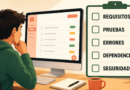 Ilustración editorial horizontal de una persona principiante revisando una aplicación de lista de tareas que arranca correctamente. Junto a ella aparece una lista de comprobación con REQUISITOS, PRUEBAS, ERRORES, DEPENDENCIAS y SEGURIDAD.