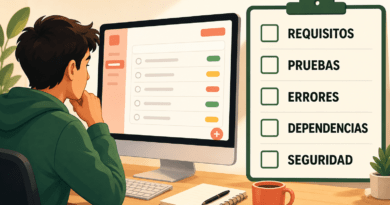 Ilustración editorial horizontal de una persona principiante revisando una aplicación de lista de tareas que arranca correctamente. Junto a ella aparece una lista de comprobación con REQUISITOS, PRUEBAS, ERRORES, DEPENDENCIAS y SEGURIDAD.