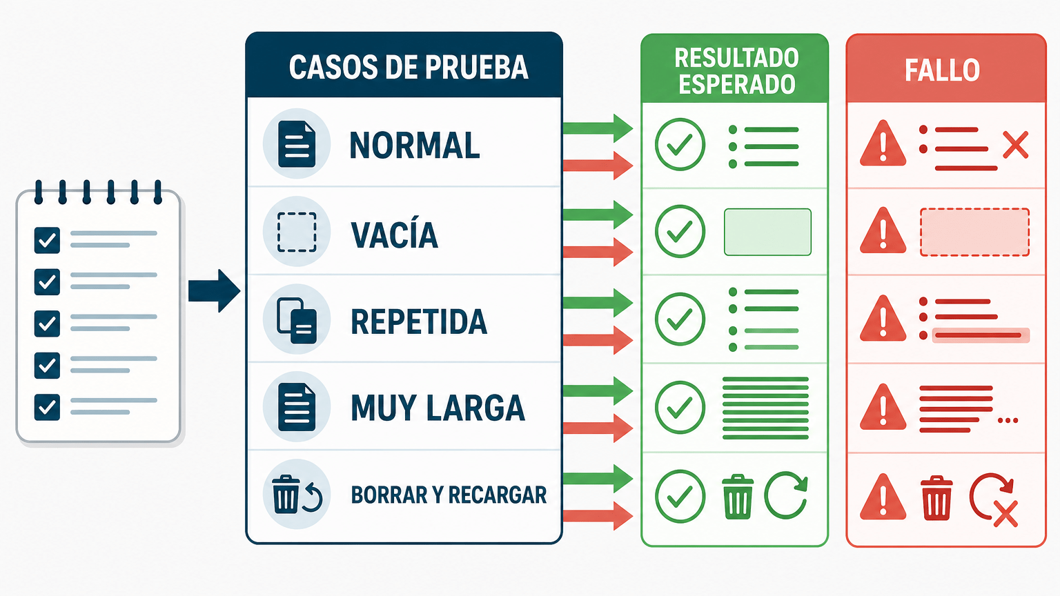 Diagrama editorial horizontal sobre pruebas de una aplicación de tareas con los casos NORMAL, VACÍA, REPETIDA, MUY LARGA y BORRAR Y RECARGAR, conectados con RESULTADO ESPERADO y FALLO.
