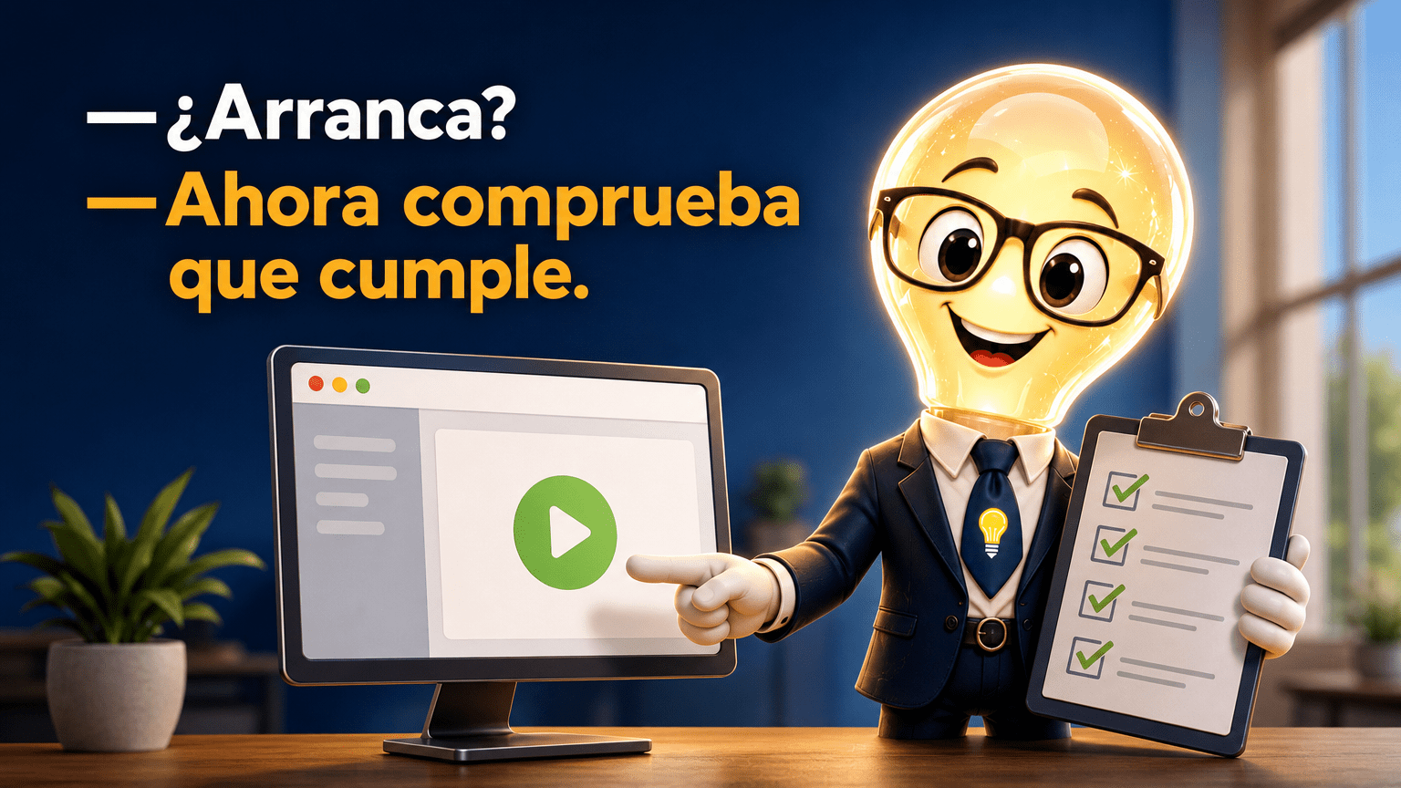 Tarjeta horizontal del Señor Idea, conservando su identidad visual aprobada, junto a una aplicación que parece arrancar y elementos visuales de comprobación. Incluye la intervención completa: «—¿Arranca? —Ahora comprueba que cumple.»