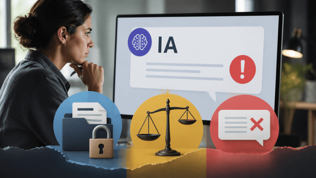 Riesgos de la inteligencia artificial: privacidad, sesgos y errores representados junto a una persona que revisa una respuesta