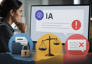 Riesgos de la inteligencia artificial: privacidad, sesgos y errores representados junto a una persona que revisa una respuesta