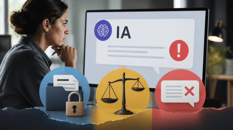 Riesgos de la inteligencia artificial: privacidad, sesgos y errores representados junto a una persona que revisa una respuesta