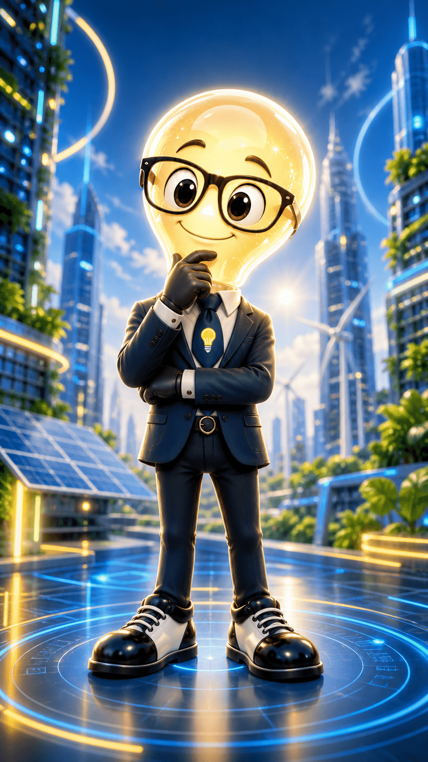 Señor Idea, con cabeza de bombilla luminosa, gafas negras grandes y traje azul marino, posa con una mano en la barbilla sobre un fondo tecnológico azul, amarillo y verde.