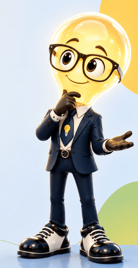 Señor Idea, personaje con cabeza de bombilla, gafas negras y traje azul marino, en una pose reflexiva