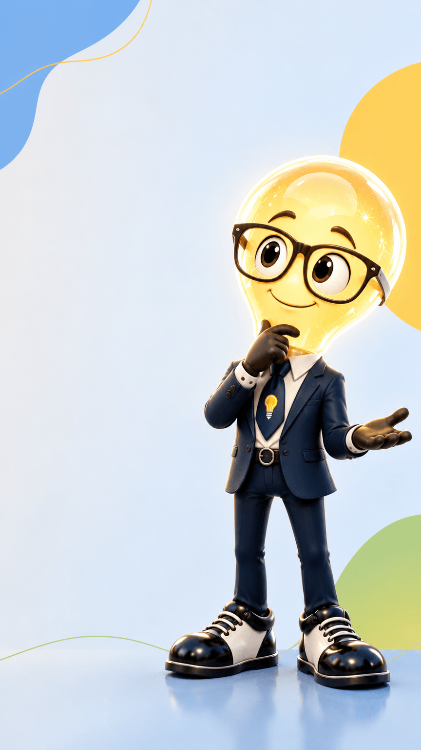 Señor Idea, personaje con cabeza de bombilla, gafas negras y traje azul marino, en una pose reflexiva