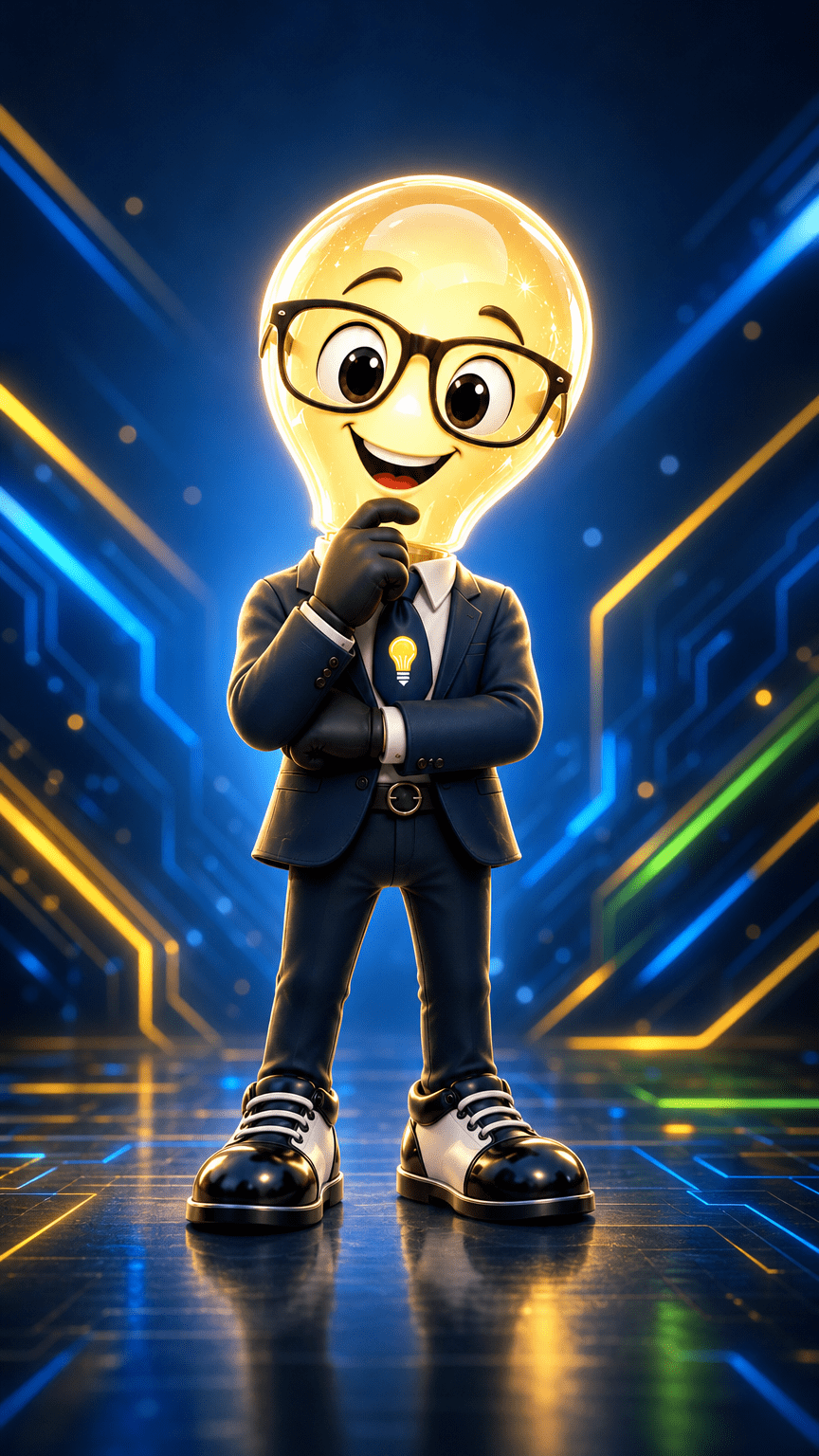 Variación vertical del señor Idea de LedSolEo, con cabeza de bombilla luminosa, gafas negras grandes, traje azul marino y corbata con bombilla, en pose de duda amable sobre un fondo tecnológico azul, amarillo y verde.
