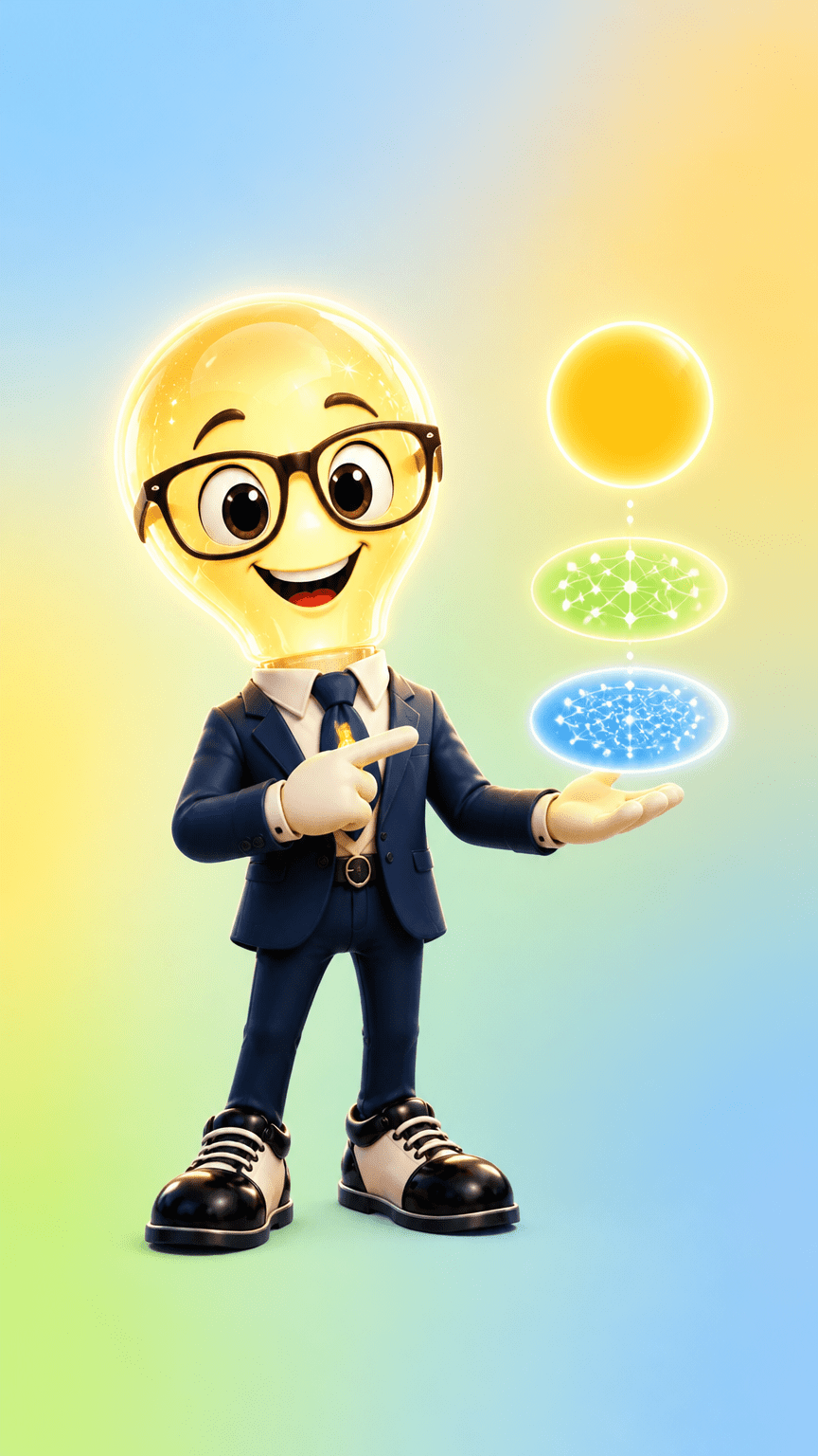 Señor Idea, con cabeza de bombilla, gafas negras y traje azul marino, compara tres niveles visuales de una idea
