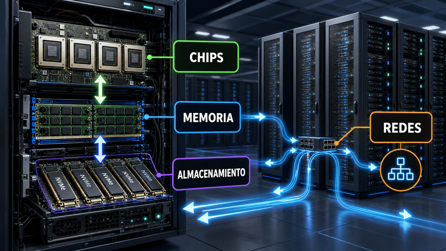 Infografía editorial de chips, servidores, memoria, almacenamiento y redes conectados en un centro de datos de inteligencia artificial, con las etiquetas «CHIPS», «MEMORIA», «ALMACENAMIENTO» y «REDES».