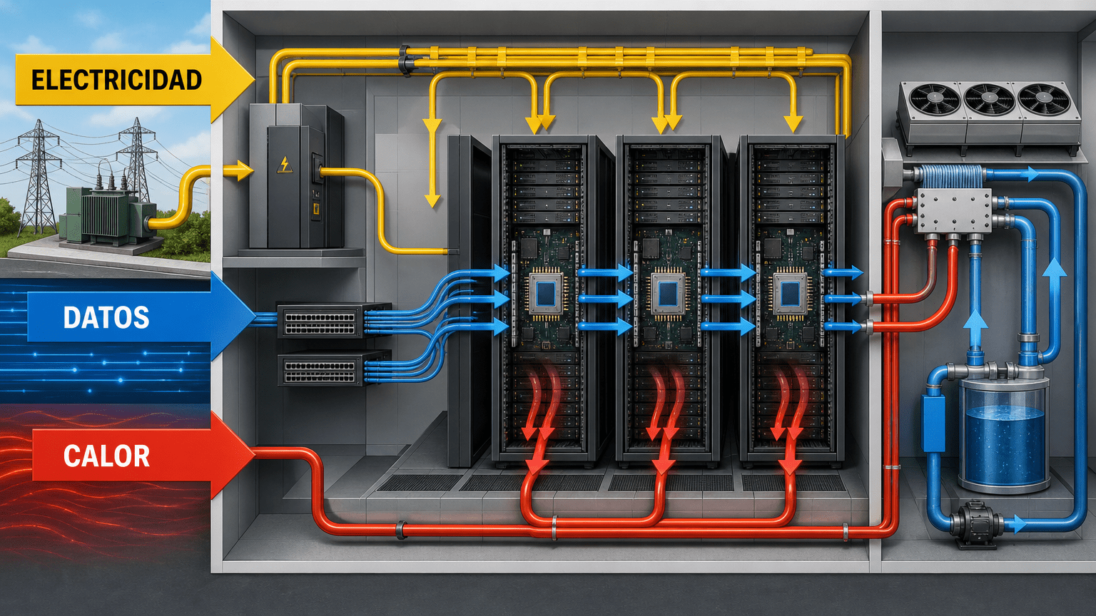 Diagrama editorial que separa los flujos de «ELECTRICIDAD» hacia chips y servidores, «DATOS» por las redes y «CALOR» hacia la refrigeración líquida.